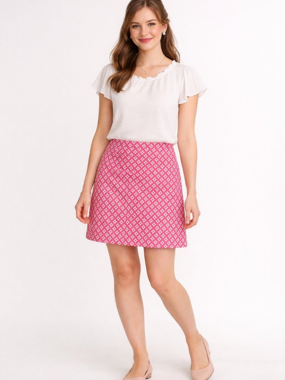 Talbot’s Pink & White Diamond Patterned Above Knee A-Line Skirt Size 8